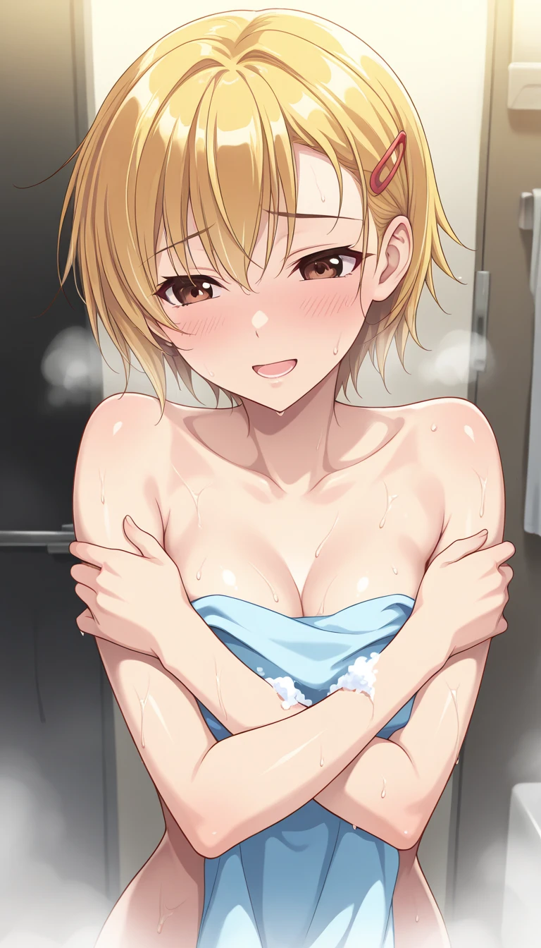、(masterpiece、Highest quality)、Highest quality, Ultra-high resolution, (((masterpiece))), alone, Sweat、Big eyes, Composition from the front、Shortcuts、Embarrassed face、Bronze colored hair、Cut the back hair short、Bathroom、Shower scene、 Expose、Completely naked、pubic hair、belly button、Large areola、Nipples、short hair