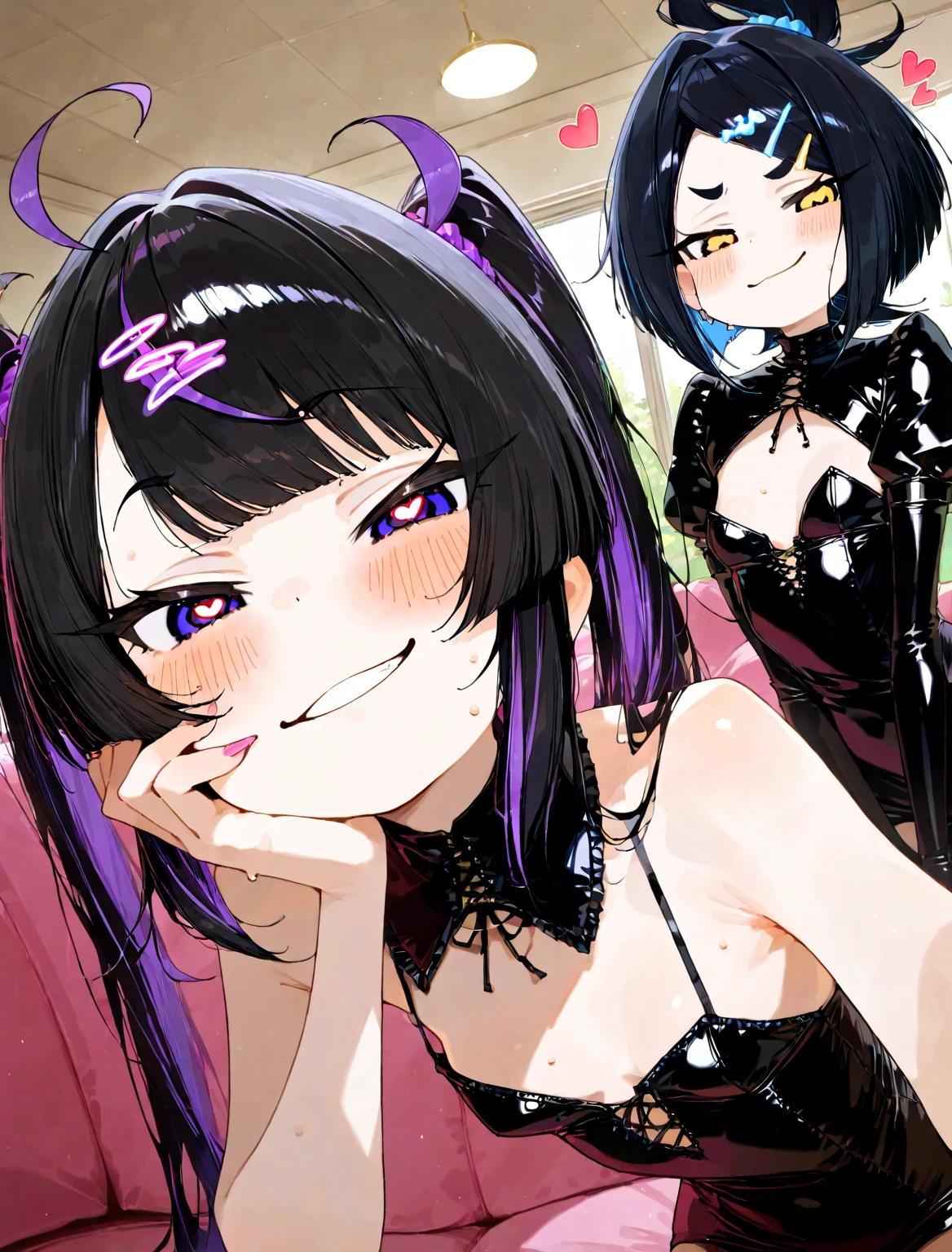 2 gothic monster girls, with long dark purple and black hair, creepy hair ornament, flowers in hair, bugs in hair, lots of bugs in her curly hair, pretty face, fancy bra, sexy pajama shorts, bra, teal skin color, other has dark skin tone, pink polka dots on her skin, navy blue and black hair, big furry spiky tail, fur wings, abnormal skin color, big animal ears, anime style ,monster girl, seductive eyes, seductive smirk, blue tongue, purple drool, magenta eyes, happy, playfully sticking blue tongue out of open mouth, the inside of her mouth is teal, ,score_9, spikes, polka dots on her face and arms, adorable tattoo, upper body focus, tattoo, upper body focus, 2 sharp teeth,laying in bed, ass on display, ass focus, fang, necklace