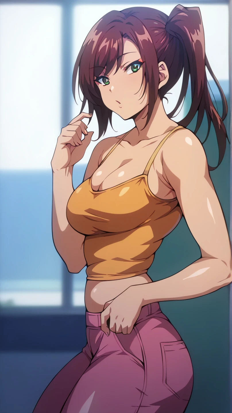 ((best quality)), ((masterpiece)), (detailed), perfect face, brown skin anime woman in a deep V-neck tied top, (bare shoulders), (jeans), starving, (resting hands on the stomach), (hands on the stomach), (slim woman), (smooth and shiny skin), hands on her stomach