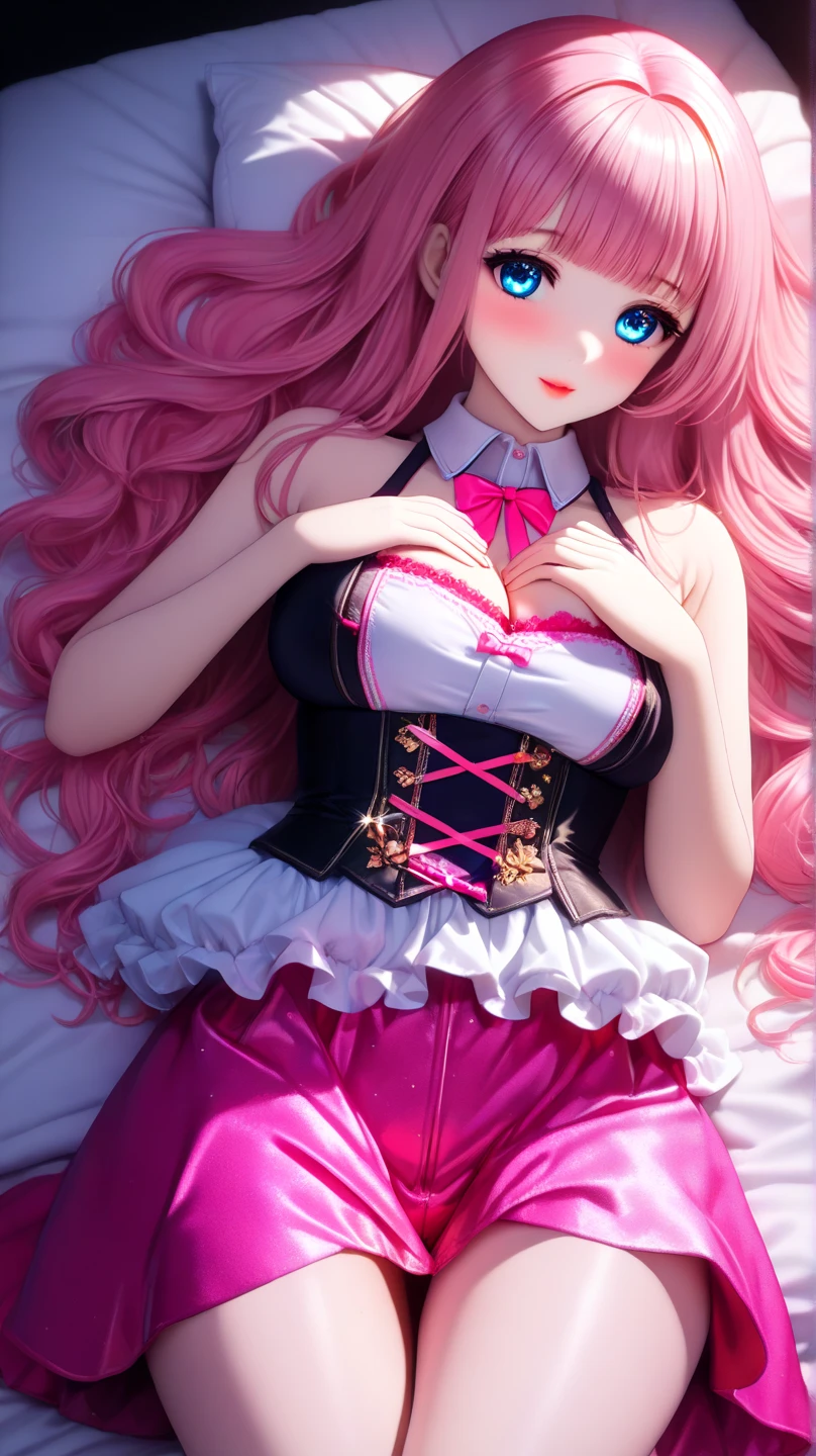 Surrealist girls,18-year-old girl,fox ear,Nine big furry tails,Pink Long Hair,White lace panties exposed,The girl smiled,Bai Zhe's delicate skin,broad chest,No shoes,Lie down in bed,Bare thighig pink eyes,Pink miniskirt