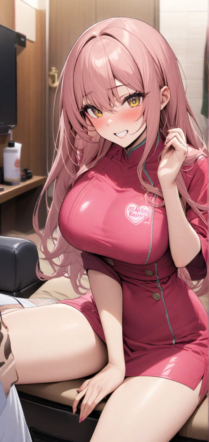 a girl in a modern house, pink hair, pink eyes, smiling, big breasts, symbol of isreal