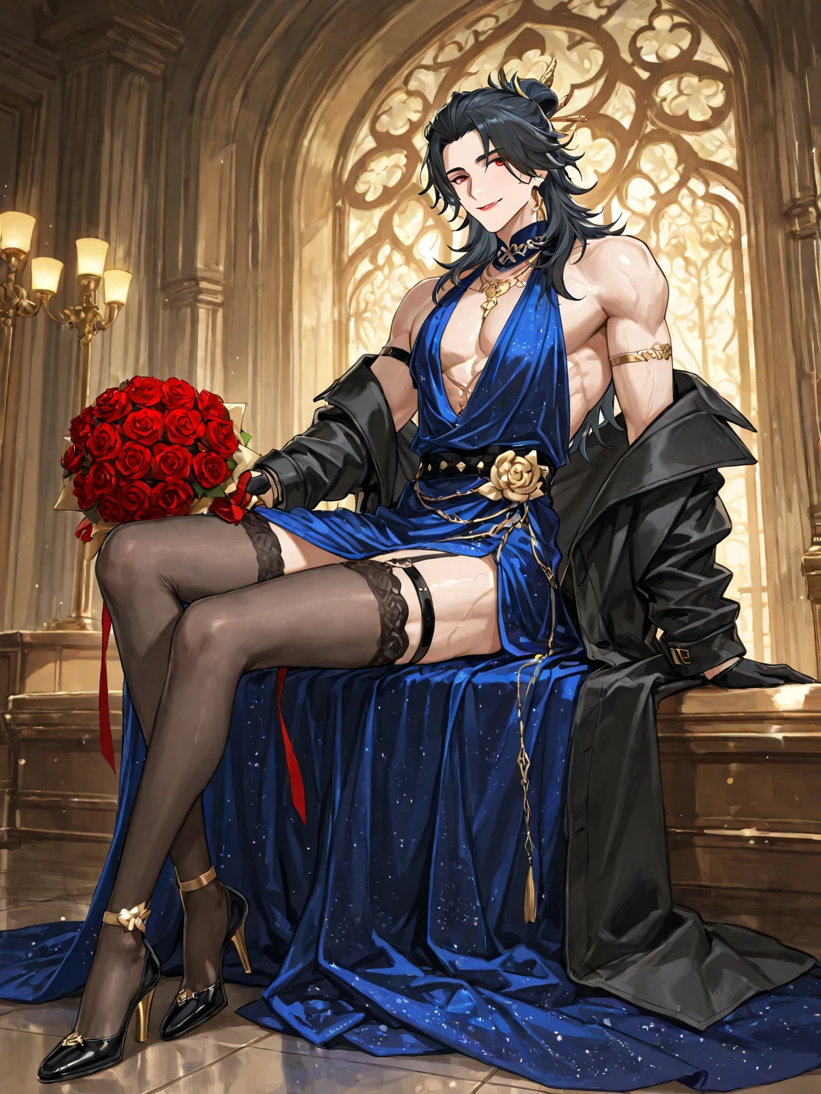 man, masculine, masculine face, attractive, muscular, ((1man)), masterpiece, absurdres, best quality ,intricate details , (shiny skin, shiny body, shiny oily luster skin, shiny hair, pale skintone), Sundown, attractive, ((muscular)), adult, one,medieval clothes, earrings, black pants, Don't look at the view , Not looking at the view, black and blue long hair, perfect detailed face, perfect detailed hands, horns,demon, blue eyes, ((MLS)), smirk, medium large shoot