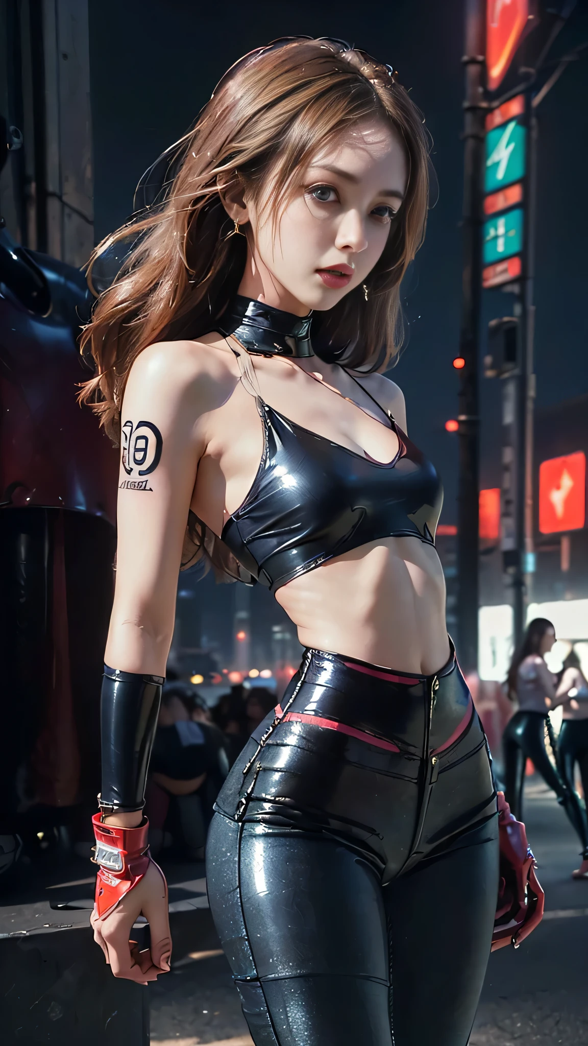 8k,Highly detailed illustration, Ultra-high resolution, masterpiece, Highest quality, Super Beauty,Skin with perfect radiance, Perfect lighting, Detailed lighting, Dramatic Shadows, Ray Tracing, 1 beautiful Caucasian woman, Looking at the audience, Very large breasts, Beautifully detailed hazel eyes, Sharp Face, Clear Eyes, Red lips, Long Bangs, Short Curly Hair, blonde, ((Cyberpunk Dark City)), Upper Body, Combat Uniform, Military Harness, ,masterpiece,Highest qualityのフォトリアリスティックなRAW写真。Bright colors,Rich colors, Backlight, Cinema Lighting, Film Grain, 50mm lens, Nikon D850,Detailed character art,Fantasy art,Ultra-high resolution,Ultra-Realistic Skin,Perfect hand shape,Dynamic fighting pose,Knife action,