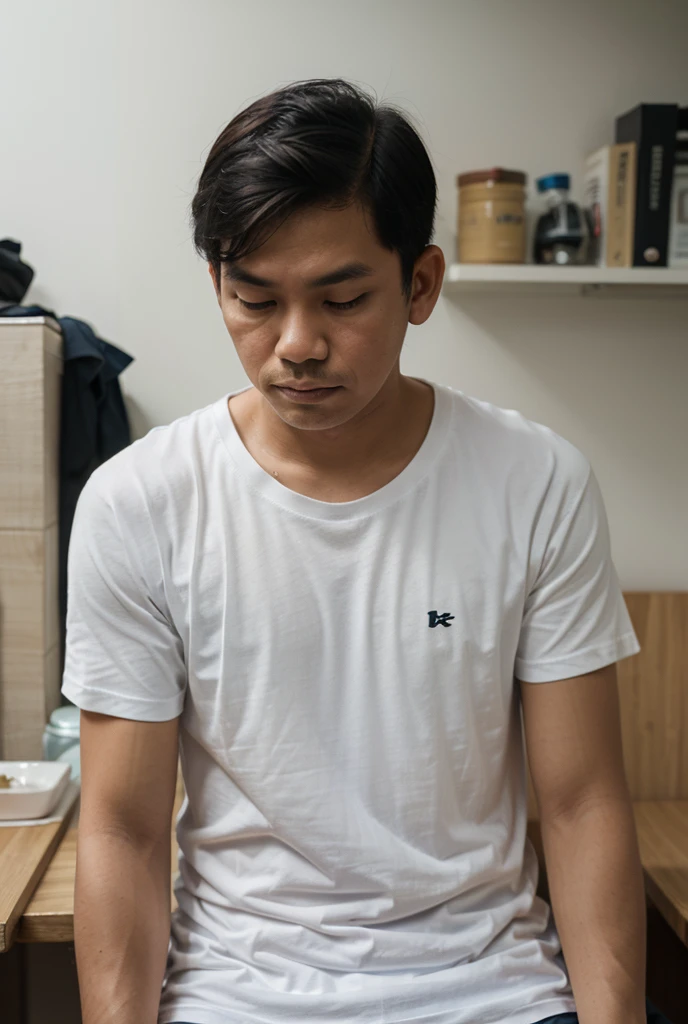 For a man from Indonesia aged 20 years, wearing casual clothes, Sit at a table with a laptop and keep your body upright and looking directly at the camera