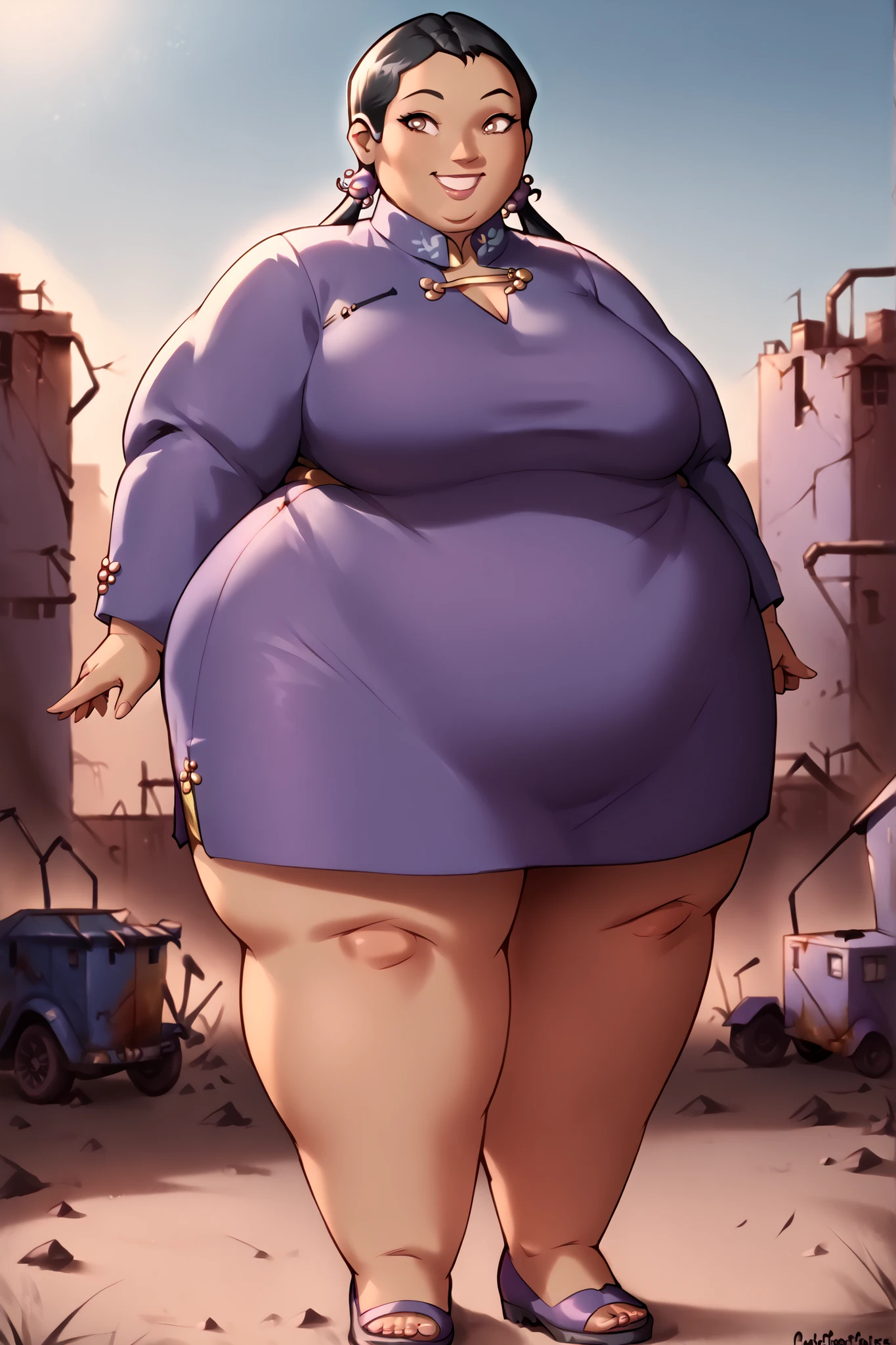 masterpiece, best quality, high resolution, large breast, twin tails, black hair, long hair, brown eyes, dark skin, haylin, purple cheongsam, purple jacket, full body, smiling, cowboy shot, outdoors, wasteland