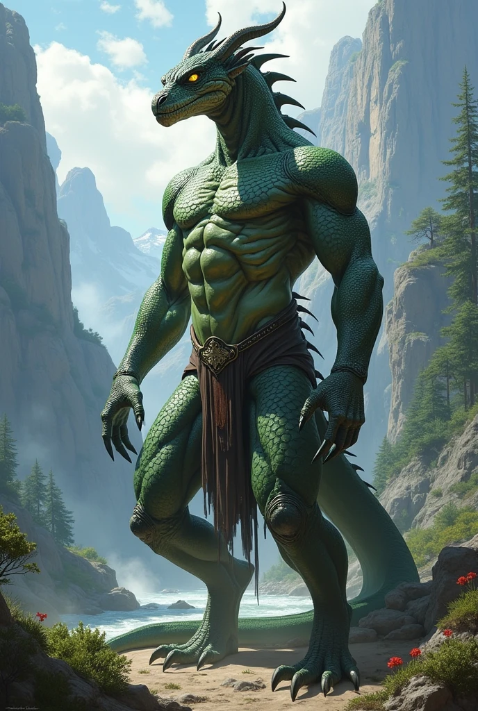 A very muscular, anteopomorphic male troglodita with four arms (two pairs), a long muscular neck, four twisted horns pointing forward on the head, two syrups, a row of spines on the column going up to near the tip of the tails, with a ball of spikes at the end of the tails, dark green scales with light brown spots similar to ceca leaves on the back, light green scales the color of moss on the side of the body and under the arms and legs, yellow scales the color of wood on the chest and belly, standing in a clearing in the middle of the forest, looking at the viewer with a serious face, (best quality,4k,8k,highres,masterpiece:1.2),ultra-detailed,(realistic,photorealistic,photo-realistic:1.37),extremely detailed eyes and face,longeyelashes,extremely detailed muscles,extremely detailed scales,detailed forest background,dramatic lighting,cinematic composition