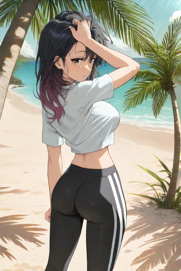 NSFW、1 girl,masterpiece、beautiful lighting、Detailed beautiful face、Detailed beautiful eyes、hight resolution、Ultra-fine illustration、extremely delicate and beautiful、top-quality、The whole body is shown、Sandy beach background、low angles、(Cute),(Silvery hair、High Ponytail:1.5、Eyes are purple)、(drooing eyes、The eyes are detailed and beautiful),Curvaceous, A smile、(shinny hair, Glossy eyes, shinny skin), (glistning skin,de pele branca) 、(Recurve the body、up chest)、Emphasis on the chest、Emphasized crotch、(T-shirt、Leather pants 1.2)、thighs thighs thighs thighs、Watch your audience、under the boobs、blushed、thick thighs、(pantyhose:1.3)、Blushing cheeks、(abdominals)、The navel is visible