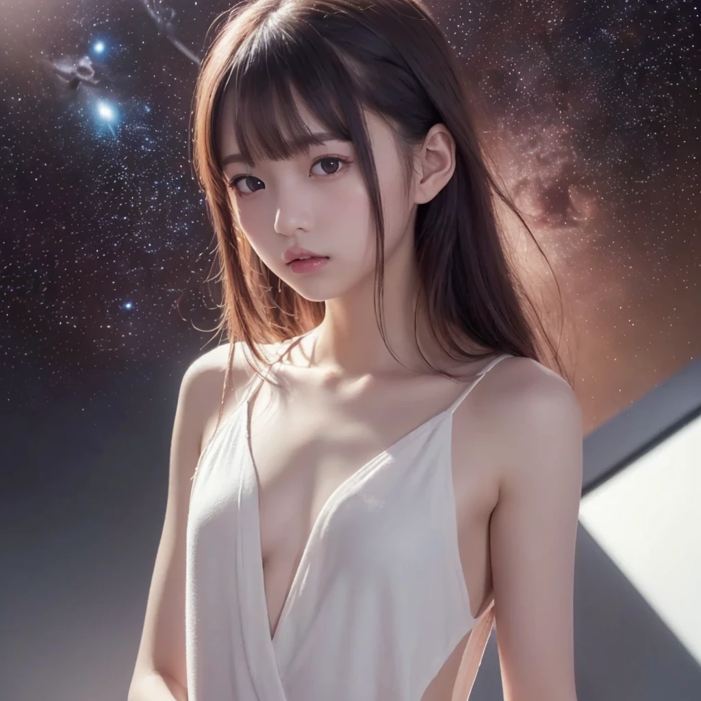 masutepiece, Best Quality, Illustration, Ultra-detailed, finely detail, hight resolution, 8K Wallpaper, Perfect dynamic composition, Beautiful detailed eyes, one eye closed, Natural Lip, Perfect Beautiful long shiny hair, zero gravity, Space, stuffed animalwear, one's clothes, Big breasts, cleavage , Random (very sexual poses) , (reaching out),