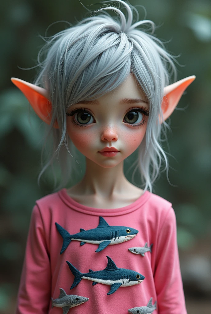 masterpiece、highest quality、Super realistic、Super detailed、female goblin、very cute face、gray hair,shortcut、Simple clothes、Playing in the clear water of the river