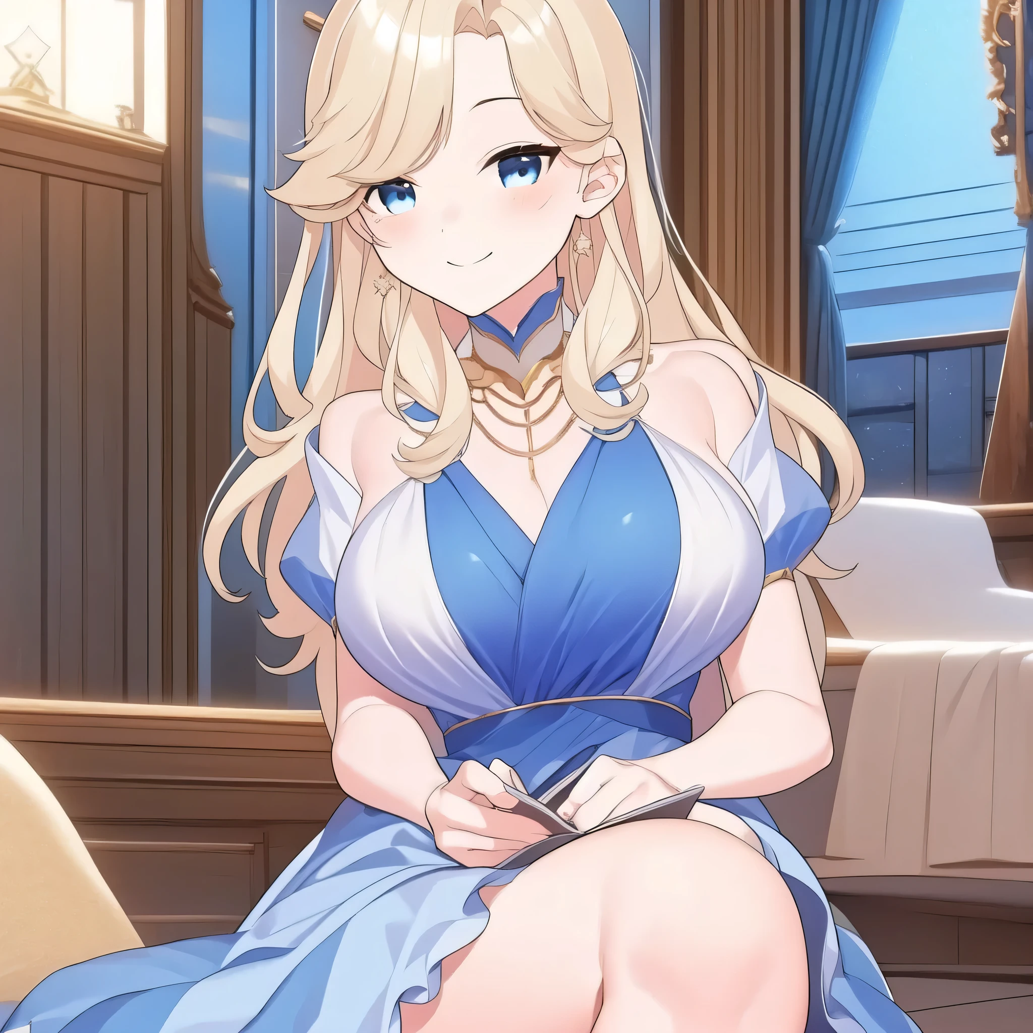 (masterpiece, best quality), female aging gracefully, solid, southeast asian, light blue eyes, oval ears, overbite jaw, flat forehead, , sandy blonde retro curls hair, hope wearing cheeky, cross-back bralette, , playing with jewelry, playing with jewelry with a flirtatious smile, adding a touch of glamour and allure, romantic, a combination of soft lighting, warm tones, and gentle shadows to enhance the romantic atmosphere, a cozy living room with a crackling fireplace and comfortable seating
