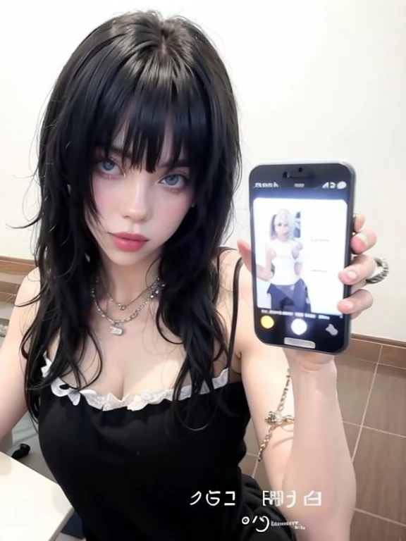 arafed woman with tattoos taking a selfie in a bathroom mirror, she has black hair with bangs, profile image, 2 2 years old, profile pic, charli bowater, anna nikonova aka newmilky, 18 years old, 1 7 - year - old goth girl, pale goth beauty, with tattoos, 1614572159