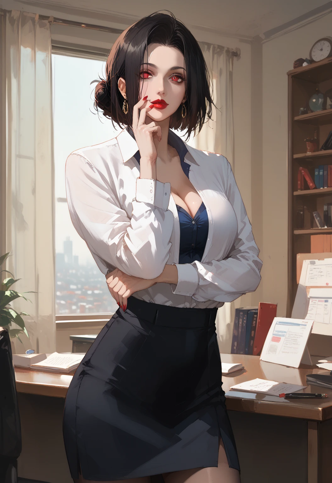 (masterpiece, best quality:1.2), 1girl, Himeno, Suit and tie, medium naked breasts, cigarette, (sexy), (medium hair), (messy hair), (wild hair)