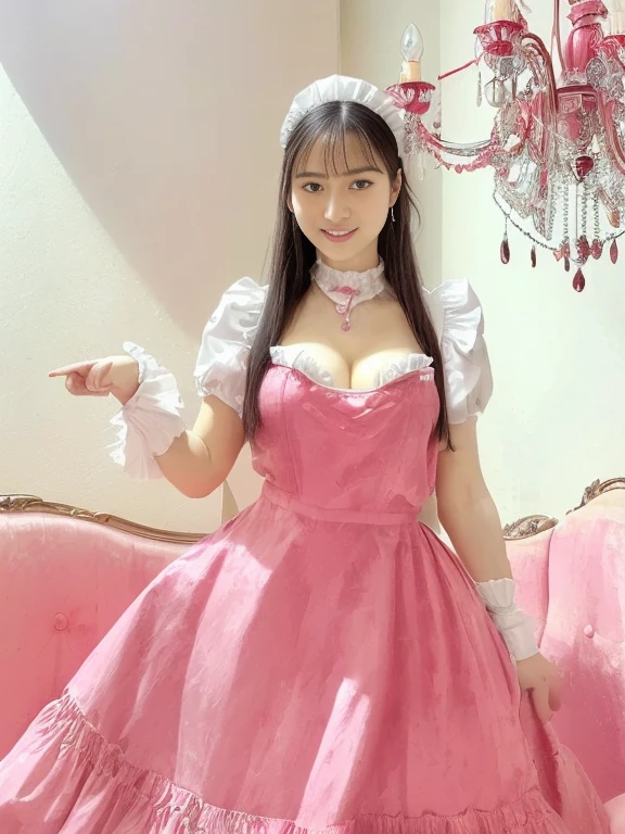 ((highest quality, muste piece, Super high resolution、the most complex and detailed depiction))、big smile looking at me、ink costume、(The most luxurious red and pink luxury bedroom:1.3)、(Gorgeous red and pink brothel bedroom:1.2)、One huge bed perfect in the background、Bed surrounded by luxurious curtains、1 girl、(Idol prostitute princess:1.3)、cleavage、big and full breasts、long and beautiful、look at me with a big smile、(Gorgeous and luxurious giant idol princess costume:1.2)、(Frilly red and pink luxurious and high class idol princess prostitution costume:1.2)、(A complex and high quality idol princess prostitution costume decorated with a large amount of jewels.:1.2)、(accurate anatomy:1.2)、(blurry distant view:1.2)、chandelier lighting、epic movie lighting