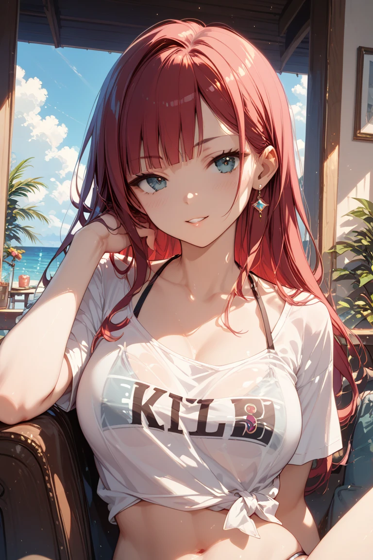 ((masterpiece)),(best quality),official art,extremely detailed CG,unity 8k wallpaper,ultra detailed,A lighthouse on a cliff by the sea,1girl,solo,upper body,(portrait:1.2),looking at viewer,Ayano(gambler's game),smile,long hair,red hair,ponytail,sidelocks,baseball cap,red headwear,blue eyes,t-shirt,red shirt,short sleeves,clothes writing,off shoulder,collarbone,jewelry,necklace,star (symbol),large breasts,cleavage,bracelet,short shorts,denim shorts,black thighhighs,print legwear,sneakers,<lora:Ayano(gambler's game):0.6>,