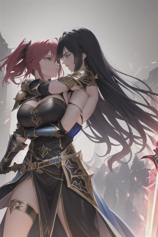 official art, masterpiece, girls,fighting,punching another,sexy fantasy armour, hair ornament, epic scenery,