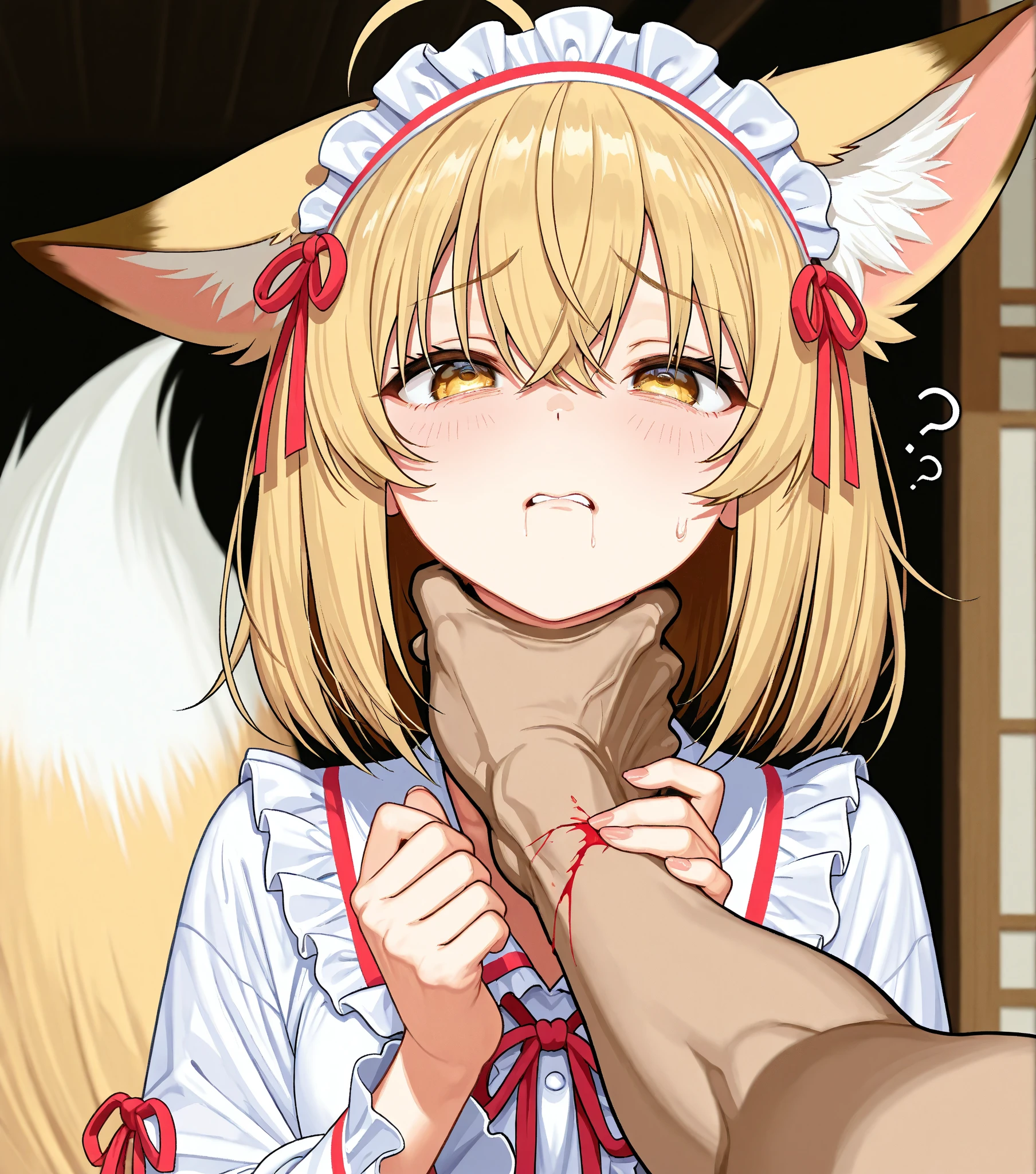 Score_9, Score_8_up, Score_7_up, Score_6_up, Score_5_up, Score_4_up, source_anime, anime style, anime screencap, 1girl, holo, brown hair,long hair,red eyes, wolf girl,wolf ear,wolf tail, cum in mouth, cute, cum, seduce, seductive smile, full blush, penis, saliva, penis licking