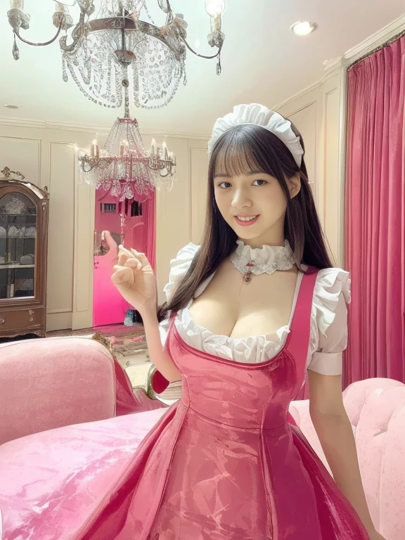 Wearing the cutest pink maid in the world,Z Cup Big,Sculpture model attracts, (1girl in:1.3)、photos realistic、Photorealsitic:1.4 Official art、ultra-detailliert、Beautiful and aesthetic、Beautiful fece、masterpiece、top-quality、sitted、Spread your legs、Colossal tits、(barechested)、The cutest maid choker in the world、The cutest gloves in the world、Beautiful skin、The cutest earrings in the world、Cute smile、At the cutest café in the world、The cutest gravure idol pose in the world、The most attractive body in the world、Soft Round Large、The most obscene poses in the world to seduce men