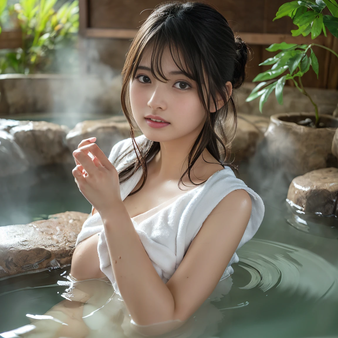 highest quality、8k、Ultra-high resolution、Clear photos、Professional Lighting、Very cute girl、The cutest Erina Mano、smile、Small breasts、Very slim、Tight waist、Enter the hot spring:1.6、Soak in hot water:1.6、Standing in an indoor hot spring、Completely naked:1.8、cover your chest with your hands:1.6、Don&#39;Don&#39;Don&#39;Don&#39;t show your nipples:1.8、Full of steam、Warm Light