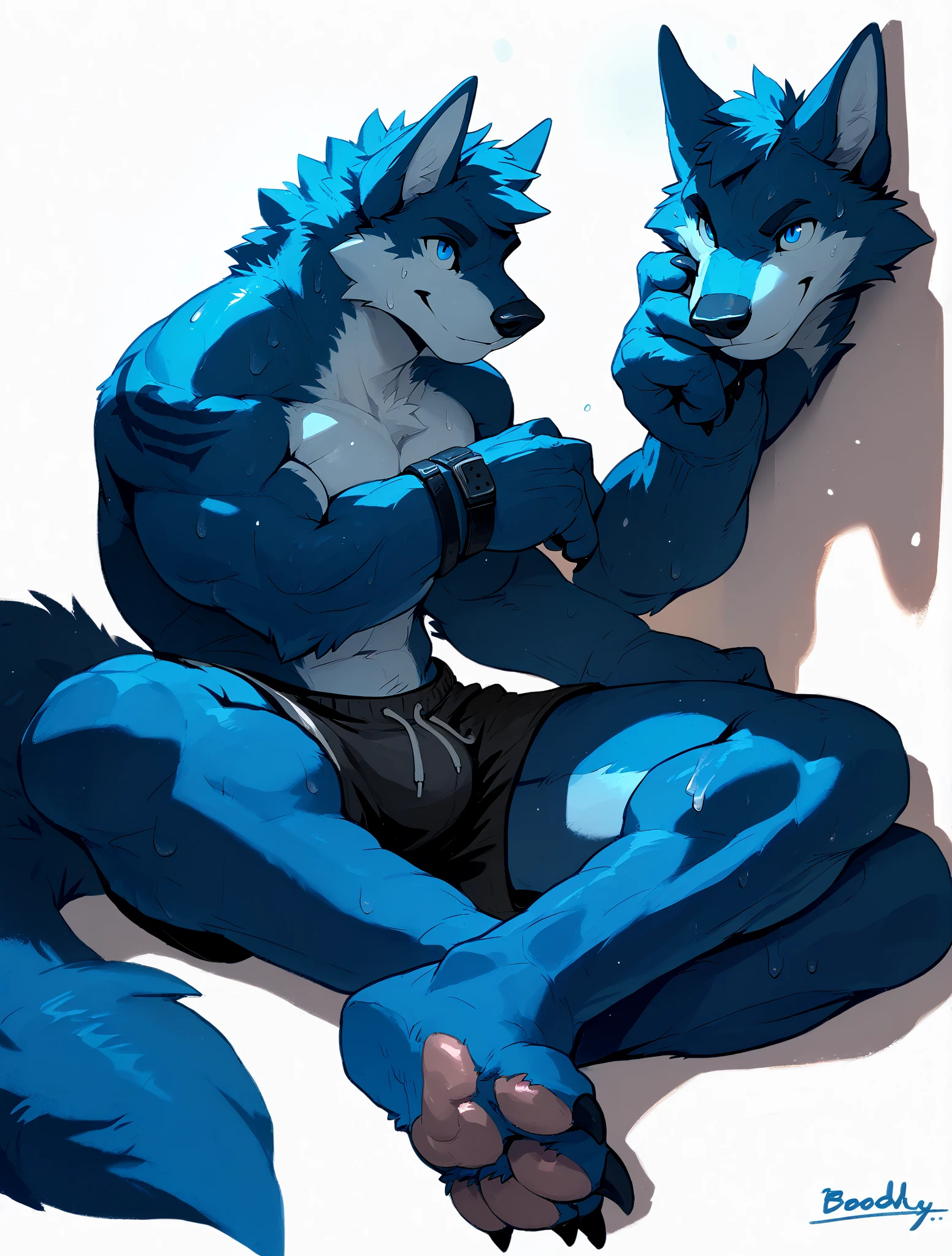 2heads,uploaded on e621, by Pixelsketcher, by Chunie, solo anthro, ((portrait)), BREAK, ((wear white underwear)), tight clothes,two-color Calvin Klein boxers, very sweaty, (detailed Bonifasko lighting), (detailed pink and blue fur), (detailed skin), BREAK, ((facing viewer with legs spread)), (cinematic lighting), ((detailed background)), ((high-angle view)), (((three-quarter view))), (half body shadow), [backlighting], [crepuscular ray], [detailed ambient light], [gray natural lighting], [ambient light on the belly], (higher wildlife feral detail), [explict content], [sharp focus], (questionable content), (shaded), ((masterpiece), masculine body, furry wolf, ((gray fur, male gray wolf)), wolf face, Furry Fantasy Art, Anthro Art, Commission for High Res, Furry Art, POV furry Art,Sakimichan beautiful, masterpiece, visible abs, best quality, detailed image, bright colors, detailed face, perfect lighting, perfect shadows, perfect eyes, guy focus, blue eyes, flawless, shiny body, center focus, wolf ears, wolf guy, fluffy, fluffy tail, body fur, animal nose, muzzle, two-tone fur, gaze at the viewer, half-closed eyes, 1guy, solo, full body, (masterpiece:1.2), (best quality:1.2), (illustration:1.2), (cinematic lighting:1.3), detailed fur, balanced coloring, global illumination, ray tracing, good lighting, furry, anthro, showing abs, shirtless, attractive body, sexy body, looking at viewer, seductive look, ((topless)), ((genitalia slip)), ((genitalia overflow)), genitalia outline on clothing, fit body, perfect masculine body, flaccid