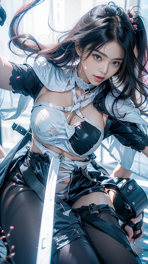 1girl, (nun:1.1), blue hair, messy hair, (braid), young female, ahegao, rolling eyes, (spanked:1.5), spread legs, black thighhighs, long pleated skirt with slits, torn clothes, (veil:1.1), bare breasts, BreastsApart, showing her face