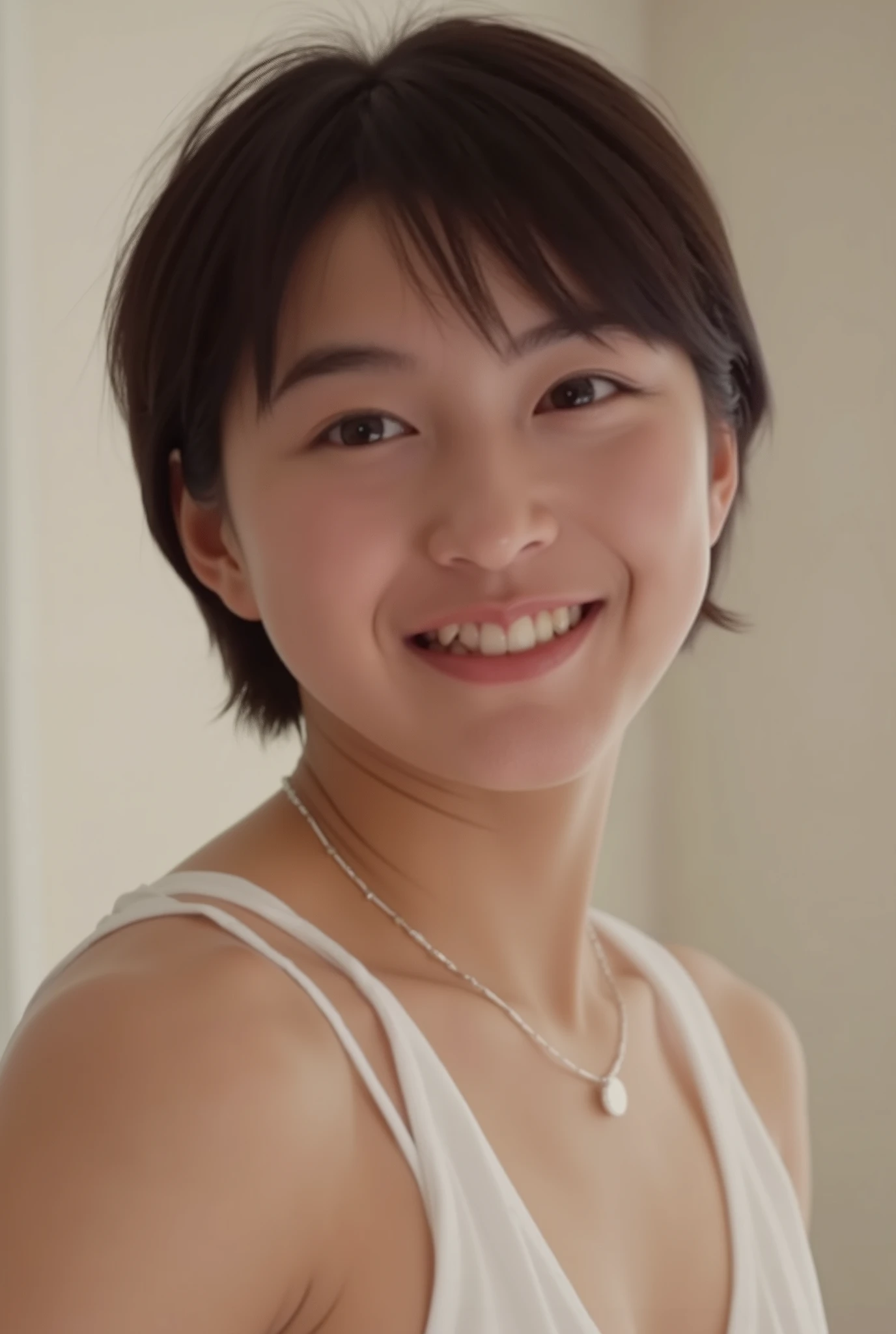 smile:2.0、 (super precise human body structure , Highest Quality 、 RAW photos、8k、32K、masterpiece、 realistic、 Photorealistic:1.37)、images of cute Japanese women、((underwear))、 was taken with natural light、 upper body、 1 girl on break day、photo mapping、 Physically Based Rendering、 excellent image quality、 high definition、1080P、( beautiful face)、( face)、( CG Details )、 rich details 、( AMAZING FEATURES :1.35)、( detailed eyes)、I'm looking forward to seeing your eyes、Delicate clavicle、非常にリアルで詳細な若い女性のupper bodyポートレート。 Beautiful skin 、 頬に柔らかなLight is reflected ています.、 Extremely realistic and detailed upper body portrait of a young woman with fine pores and hair roots、 I can see even the thinnest blood vessels 。The skin is smooth、Natural Redness of Cheeks 、Healthy glow。 eyes are big, clear blue、There is a fine pattern on the iris Mr. .There is、 Light is reflected 、It's shining in the eye。 I have a slight shadow under my eyes 、Extremely realistic and detailed upper-body portrait of a、Naturally Curly。 Extremely realistic and detailed upper-body portrait of a young woman with gentle pink lips 、 Smooth texture that gives off a natural glow 、 焦点は完全に顔とupper bodyに当たっている。 realistic shadows and textures、 Pictorial Description, The nipples are transparent、((very short hair))