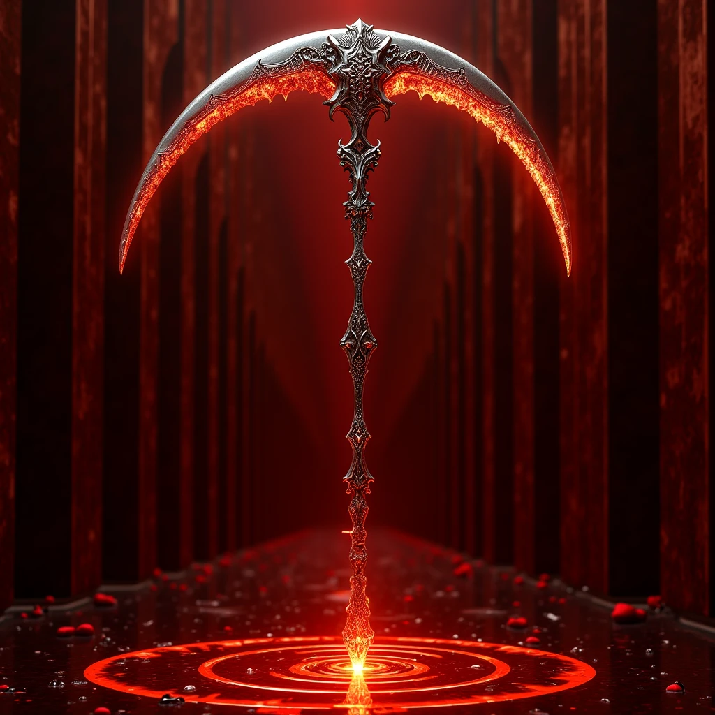 generate image of an old key (golden fish) with blood dripping,  black background and red lights