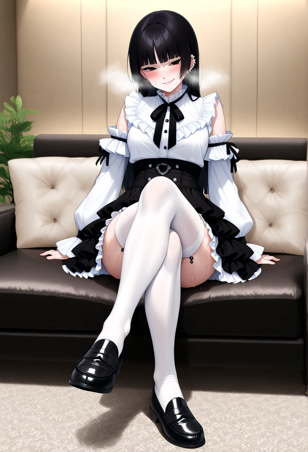 ((masterpiece, Best Quality))), Coupling, solo, a 1girl, ((redhead hair, black hair, multicolored hair)), short hair, white tights, Dressed, Maid costume, Sits, Foot to foot, Disgruntled face