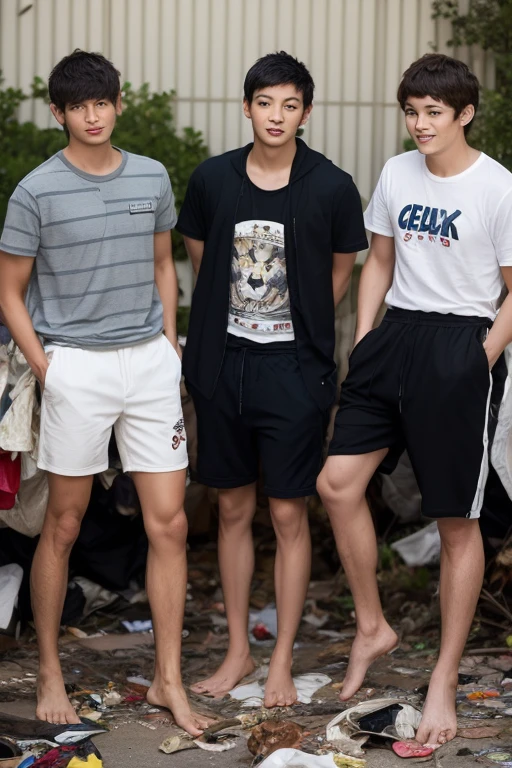 Full body image of two handsome Asian teenagers, , standing with their backs to the viewer, looking for a friend to take a shower in the middle of a rainy Bangkok alley.,Short boxers with rubber waistband,Heavy rain,There is a small star tattoo on his chest.,Among the many smiling students in the background