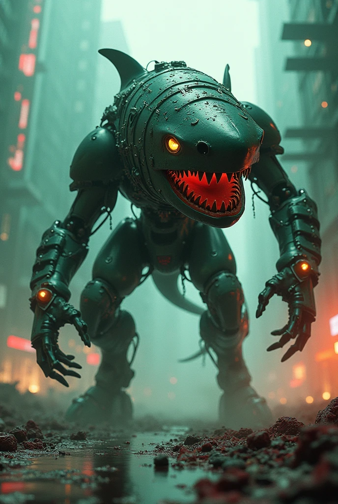 score_9, score_8_up, score_8, insanely detailed epic mech suit, battle, cinematic, close up of demonic glowing mech robot, , surrounded by black neon smoke, black smoke, horns, cleavage, mechanical, mechanical jaw, long wild robotic hair, long massive hair, big metal jagged jaw, close up, view from side, (animalistic:1.2), Real metal look, big metal eyes, covert, sneaky, scary, horrific, long tail, destroyed city, above humans, thick thighs, wide hips, gearfour, cleavage, claw hands, jaw, HD, High Quality image, upscaled, enhanced