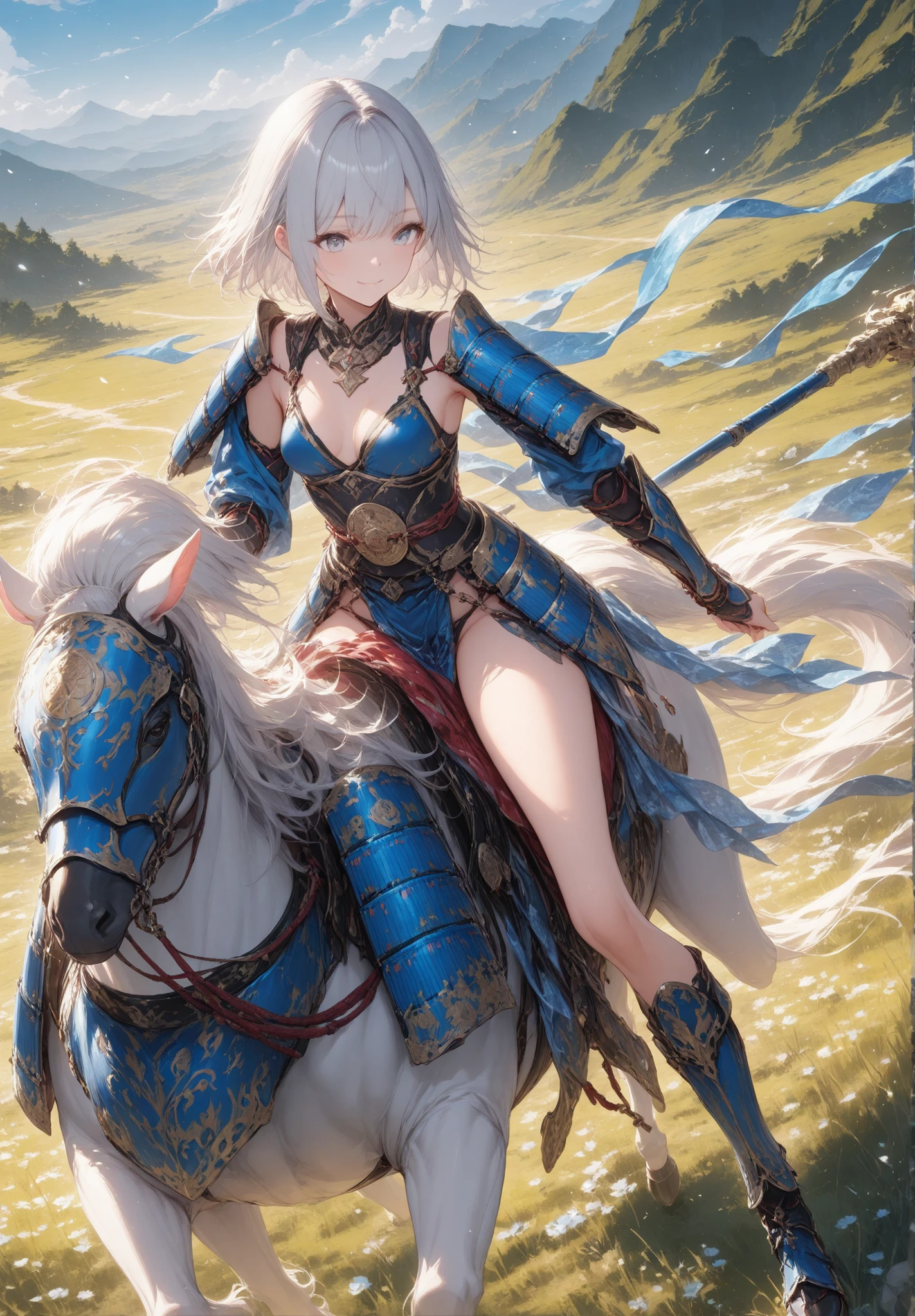 masterpiece, best quality, 1 girl, solo, ((short silver hair:1.8)),very small Breasts ,sexy、 ((blue Japanese samurai armor:1.6))、 bikini armor 、 riding horse, Field, Mountain々, Secure staff, smile