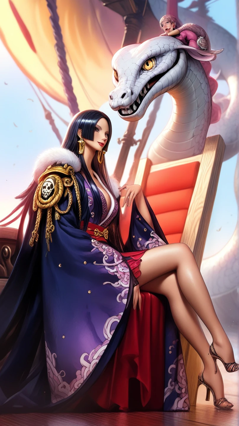 melhor qualidade, Red-eyed woman with long hair medium breasts top black medium belt black bright red eyes, cabelo preto, colar, pose fofa, black collar high black pants, frightened expression side pose, batom vermelho na boca, dentro de um navio, em alto mar, mar atras, Olhos vermelhos, cabelo longo pretos, olhos vermelhos brilhantes, pirata, navio de pirata, arqueologa colar, bracelete, usando oculos de arqueologa, Sensual pose pose for photo Nico Robin Cobra with good yellow scales Hancock Yellow Snake having a cup of coffee