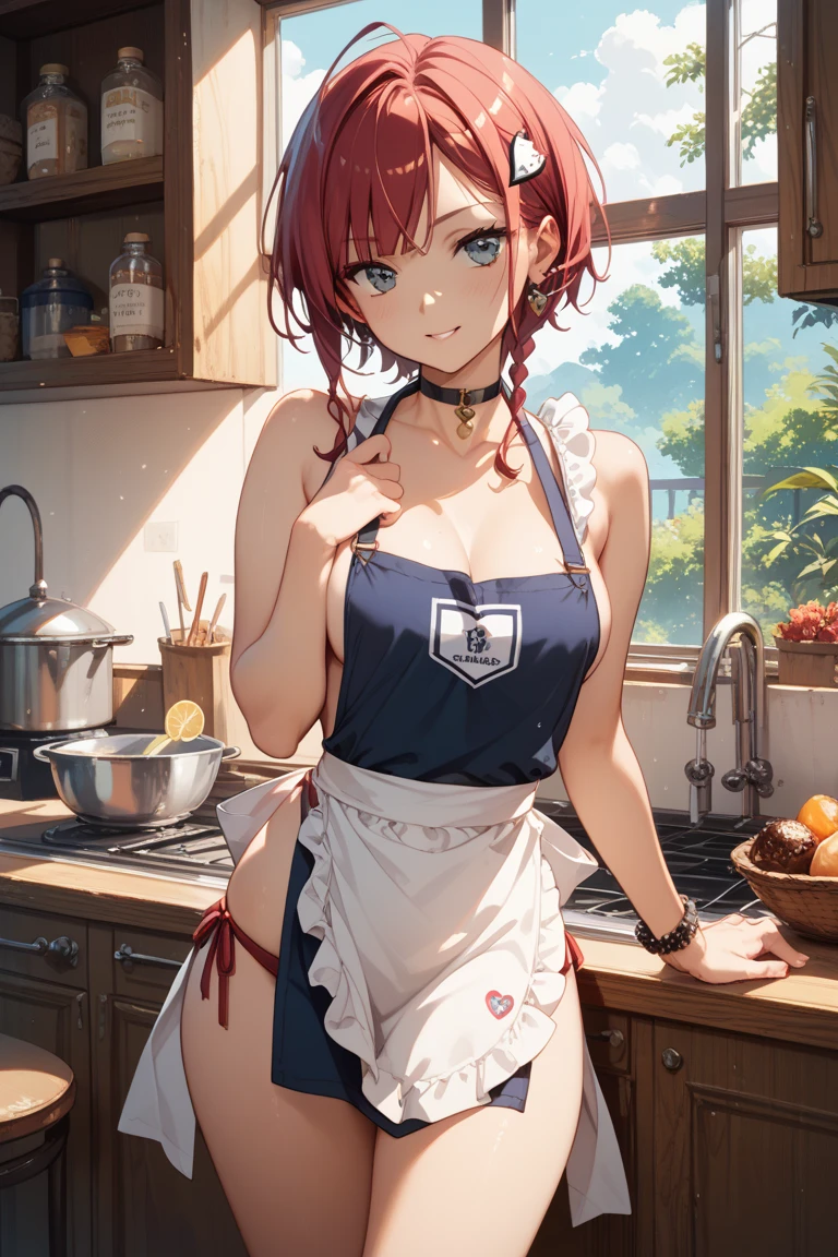 masterpiece, top quality, best quality, ultra-detailed, 1 girl chef, perfect composition, perfect picture composition, creative poster, decorate cheesecake, cream cheese cake, messy table, realistic, photo, HD, Bright colors , diffused lighting, Contemporary Art, focus on cheese cake, anime, naked apron