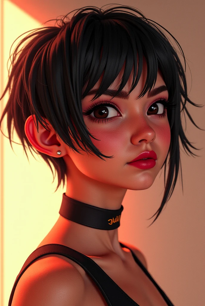 one asian girl, ada wong, solo, abs, slender body, (upper body, bust:1.2), black eyes, black hair, (red clothes, tiny breasts, small breasts, male chest, cleavage, exposed breasts, deep cleavage:1.5), bare shoulders, belts, shoulder-belts, masterpiece, highly detailed, look at viewer, shiny blured orange background, gradient sprayed background, front view, gradient red purple background, blured background, glowing edges of image