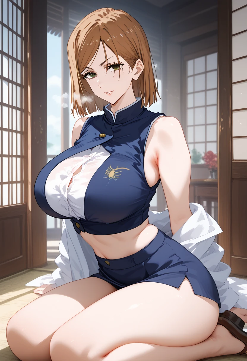 asuna (blue archive), 1girl, bare legs, blue eyes, (short sleeve turtleneck sweater), blurry, blurry background, blush, breasts, large breasts, (brown blonde hair), (((extra short pixie cut))), (((pixie cut))), (((asymmetric pixie cut))), (((side parting pixie cut))), looking at viewer, solo, Beautiful girl, big, sea, emphasis on pussy, (spread legs), (happy face), (nude), (chubby), (((thick thighs))), (((big breasts))), (nipples), (pussy), (anal), ((extremely hairy pussy)), ((extremely hairy pubic hair)),