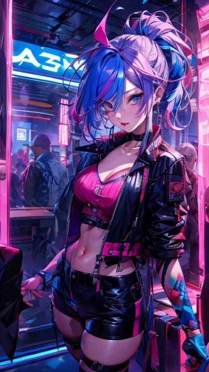 a masterpiece cyberpunk girl in a futuristic city, ((neon light:1.3)), professional lighting, colorful, ultra detailed, ribcage, demonic smile, skull, anime style, long black coat, open shirt, fire