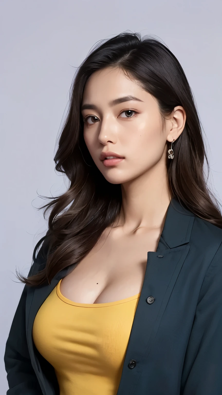 (top-quality、8k、masterpiece:1.3)、Beautiful Women in Perfect Figure:1.4、dark brown hair、extremely detailed face and skin、A detailed eye、二重まぶた、huge tit、a smile、g-cup