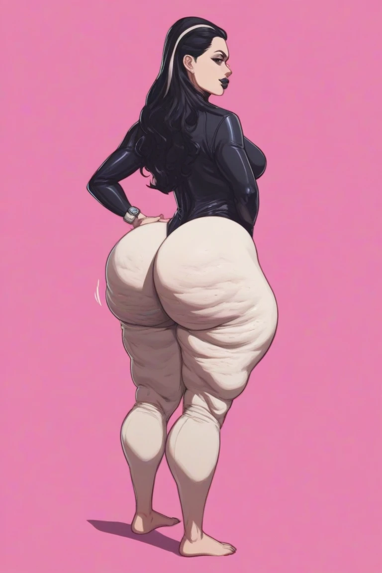 A wolf black naked, showing his super gigant butt very huge than his body, extremely big thighs, He has long tight black stockings up to his thighsband, squattin