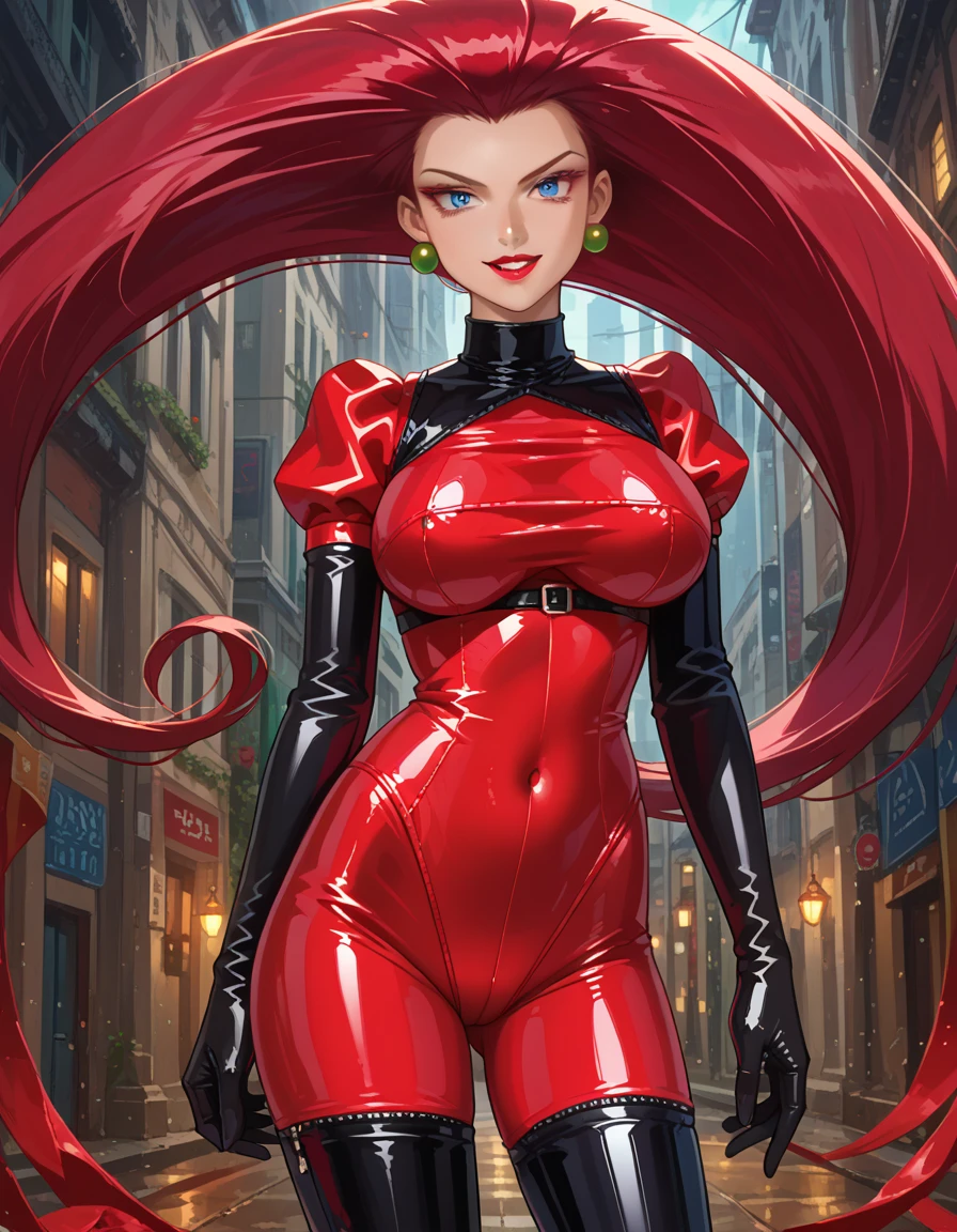 sexy beautiful, girl long red hair, green eyes, pale ivory skin, long crimson red hair, playful grin, wearing black and red skin tight superhero costume, jumpsuit, shiny vinyl, digital illustration
