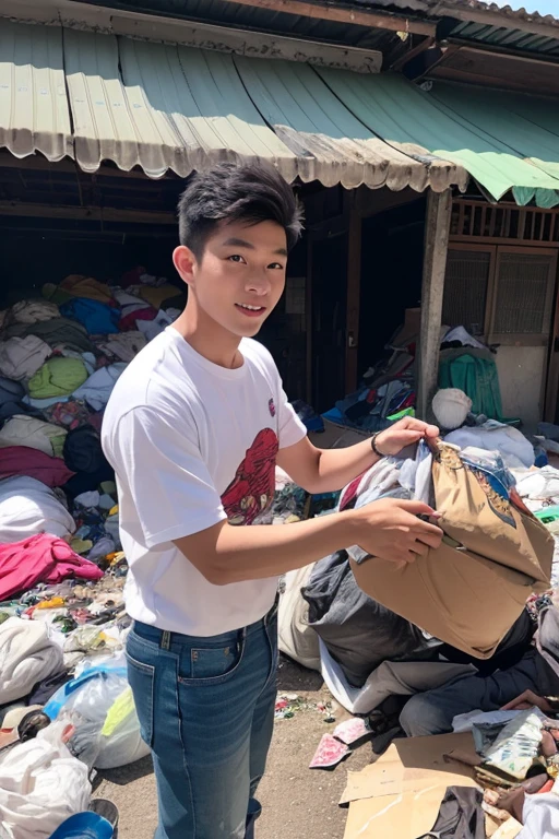 A crisp and clear scene featuring a young Asian YouTuber standing on a bustling street. This individual has a confident and energetic demeanor, typical of a content creator. They are holding a box, possibly containing merchandise or items for an unboxing video. The street setting should be vibrant, with pedestrians, shops, and city life in the background. The YouTuber's attire should be trendy and casual, reflecting their online persona. Their face should show enthusiasm, possibly hinting at the excitement of sharing the box's contents with their audience. The photograph's quality should be of high resolution, ensuring every detail, from the YouTuber to the box and the surrounding environment, is captured with sharpness and clarity.,<lora:onedarll:0.75>