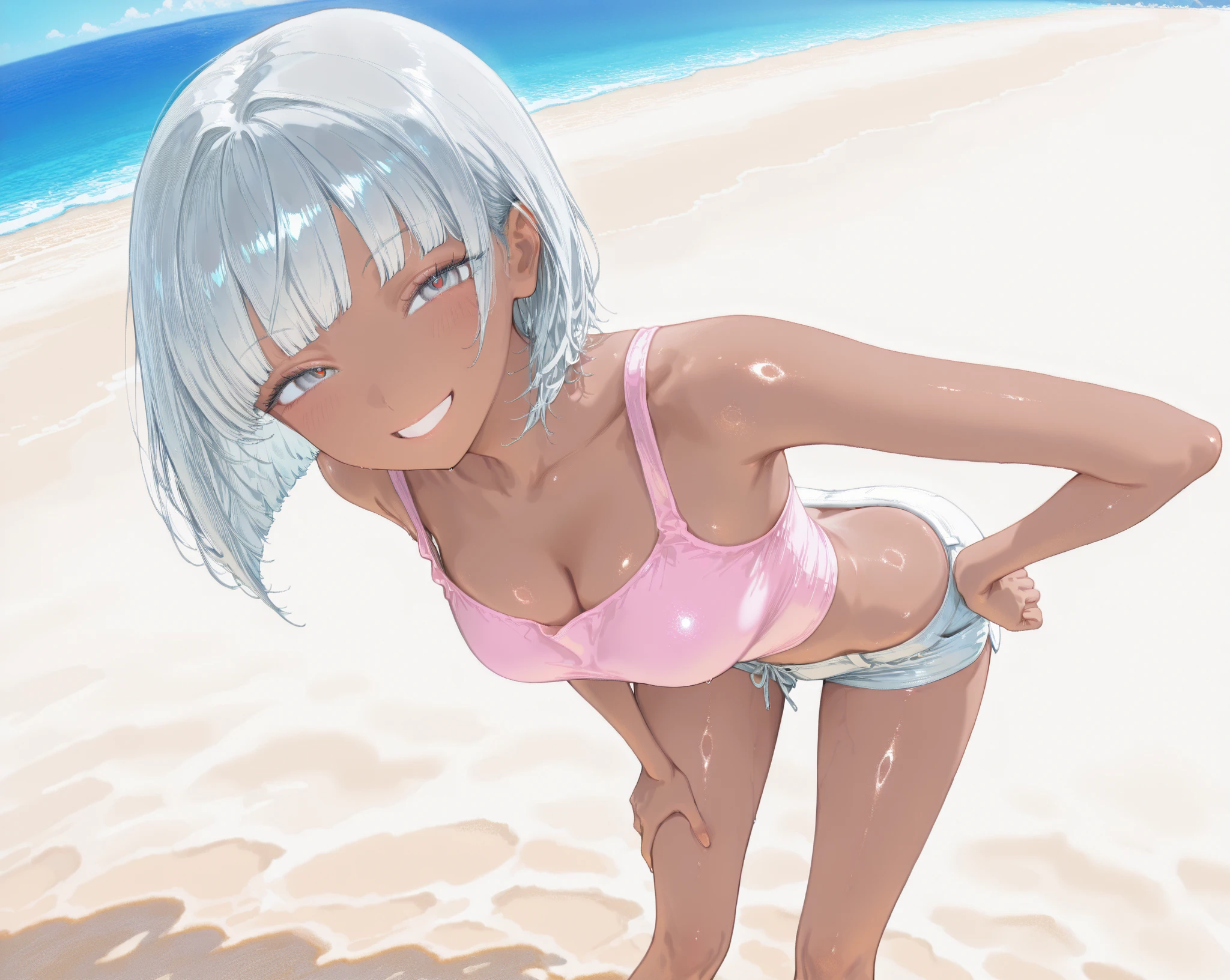 (anime artwork, anime style, studio anime, very detailed, up to date, vibrant, Anime Coloring, high contrast, masterpiece:1.2, best quality, best aesthetics),2 girl,hug from behind,bikini, Medium chest, A glimpse of thighs,random hair, One eye is hidden by the bangs, perfect proportions, high detail skin, Cute, detailed faces,beach, precise fingers,curvy,swim suits crowd, dark skin,cocoa skin, swim suit tanned,full body