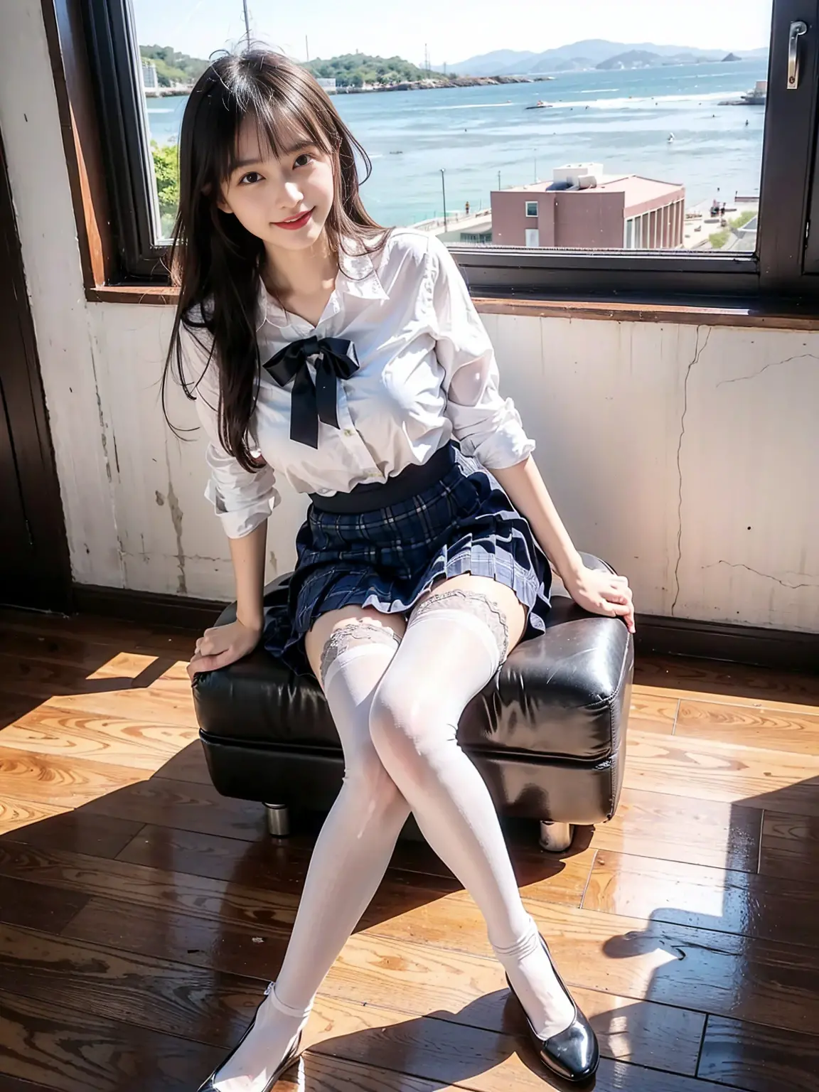 (Highschool girls inside suite room:1.4, 17 years old, cute faces:1.5, triangular face, sitting on gorgeous bed), looking at viewer, ((embarrassed:1.3, smile:1.1)), shy smile, open mouth, silky skins, natural makeup, glossy lips, group shot, (sexual suggestive:0.7), (identical school uniform:1.5, white shirt open chest, see through , both hand on breast:1.24), (naked :0.2), (3 girls:1, perfect style, full body), ((slender body)), (pleated plaid skirt, show panties), (raw photo:1.4),(( legs wide open, ribbons, pantyhose:1.2)), (gentle light, 16k wallpaper, raw photo, idol), BIBE, (wide window with ocean scenery, expensive furniture:1.3, sheets on floor:1.4, flowers in planter), (very huge round breasts)