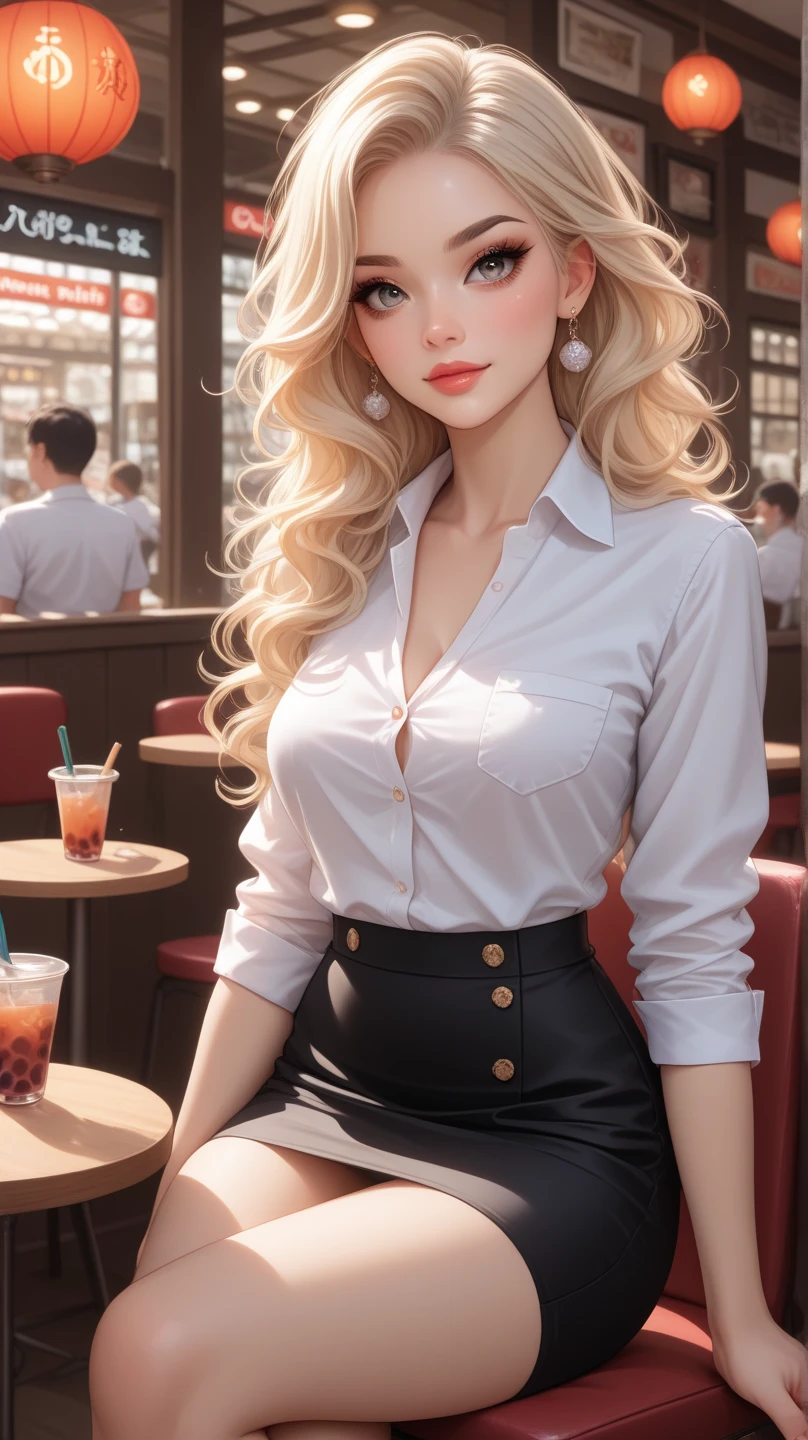 absurdres, RAW photo, highest quality, (masterpiece: 1.3), high detail RAW color photo, professional photo, extremely detailed CG 8k wallpaper unit, photo-realistic, realistic, RAW photo, masterpiece, best quality, highres,
1girl, 19 YEARS old, white, blonde hair, wavy, Average length, random hairstyle, athletic body, thin legs, perfect beautiful face, beautiful light brown realistic eyes, fair skin, detailed skin texture, very small natural breasts. Serious. She looks amazing. (red blouse and jeans, simple design). In a restaurant in São Paulo.