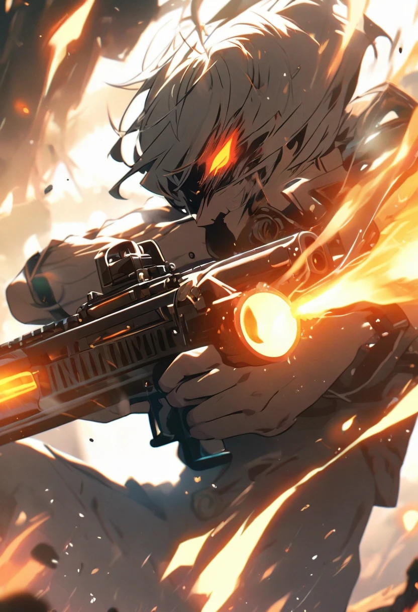 Solo character, full body version, man, very big muscle, yellow eyes, gray color hair, short Curly haircut, round eyes, topless, black cargo pants, white boots, detailed shadow, white background, standing battle gesture, Large mechanical arm, robotic hand, angry eyes, open mouth, angry, smoke effect, bazooka robot in hand, fire, field, electricity, lightning strikes, glowing eyes, very angry