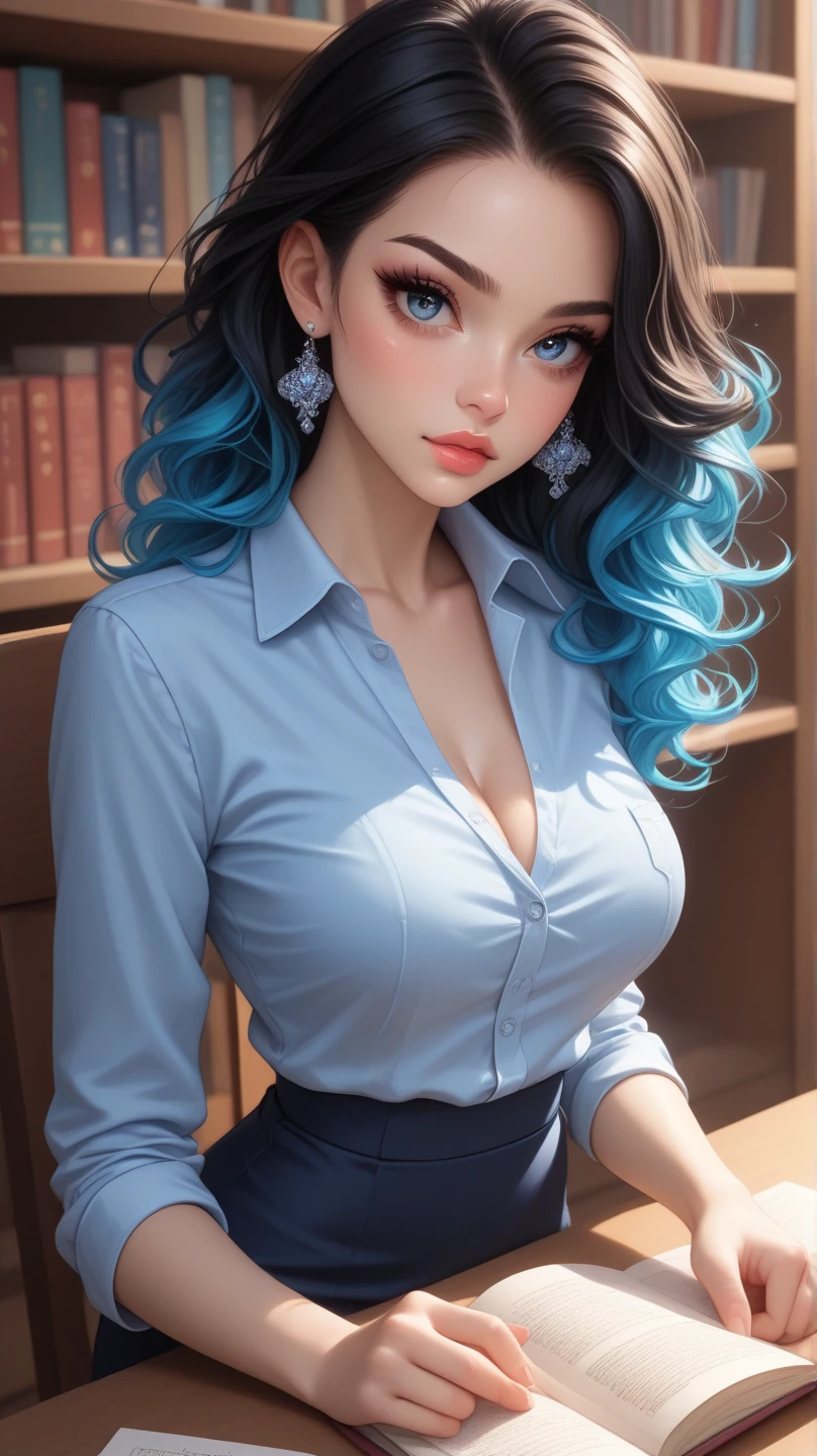Una seductora gata adolescente con largas, cabello color lavanda. Lleva una blusa blanca y una falda a cuadros.. Her outfit highlights her curvy figure., especialmente su atractivo busto. Ella irradia una belleza cautivadora que es a la vez tentadora y misteriosa..