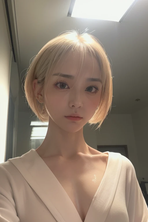 highest quality、masterpiece、High resolution、One Girl、solo、RAW Photos、Real person、Detailed skin、Japanese、Blonde、Thin bangs、short hair、Bobcut、back of head、Upper Body、Clear skin、White shirt、White Room、White wall