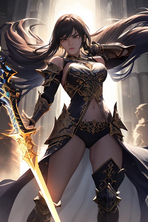 Long black hair, dark skin, red eyes, cleavage, armor, skirt, iron boots, battle ax, fiery battlefield
