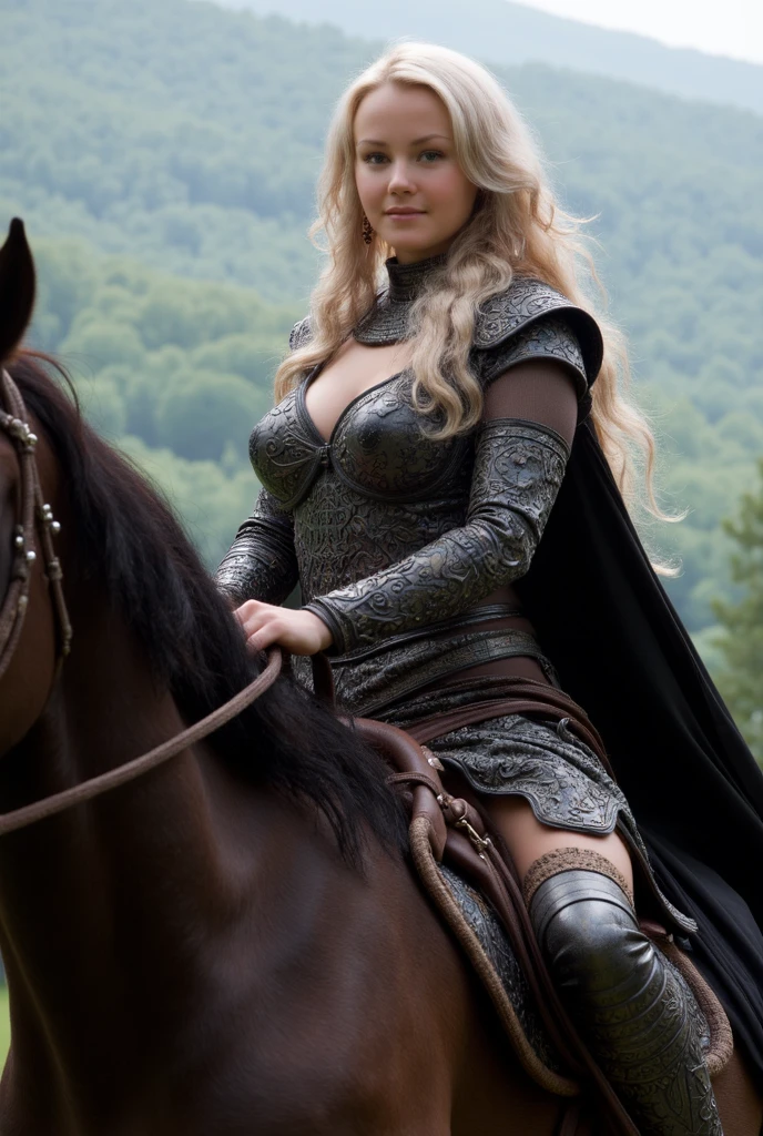 Masterpiece, highly detailed, medieval fantasy, 8K, extremely gorgeous, woman, perfect thick beauty, healthy lusty body,bare breast, naked woman, 40 years old, nomad Woman with pale skin and streaks of gray in his hair, riding a fierce black stallion, insane details, erotic costumes