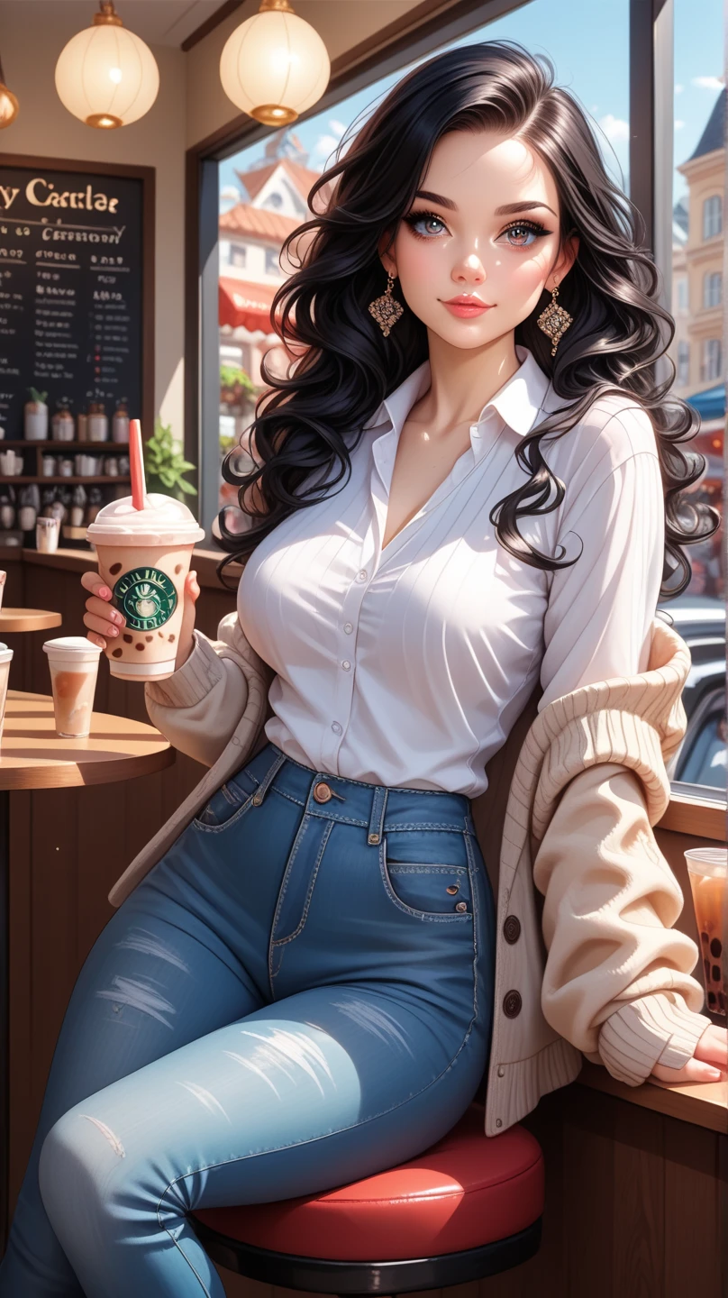 cute girl in blue dress black hair black wayfarer glasses sitting psychedelic patterns inside cafe holding cup of coffee with background by greg rutkowski makoto shinkai kyoto animation key art feminine mid shot