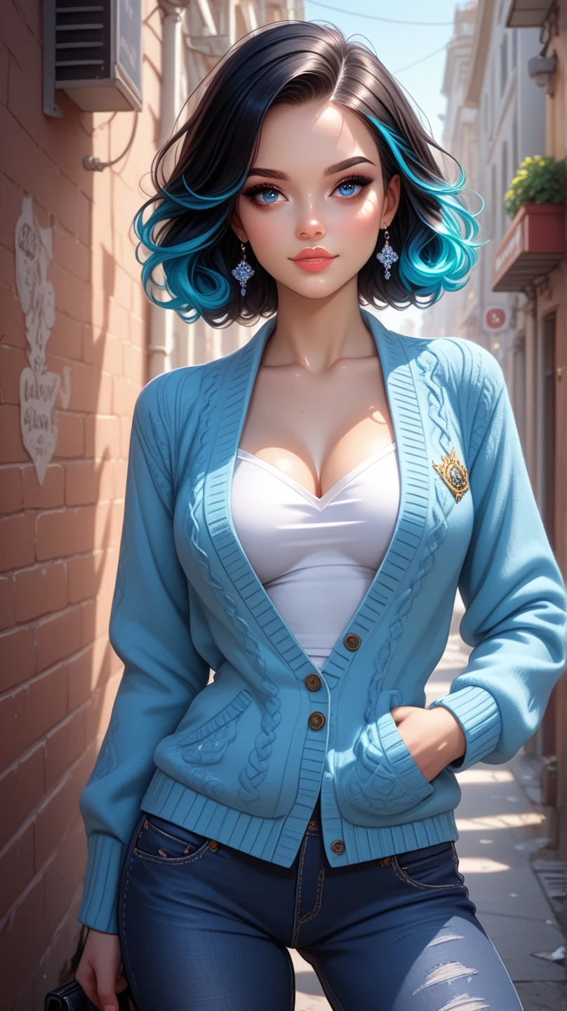 Maz Cow Print Fluffy Faux Fur Bucket Hat, wearing yellow (skirt:1.2), white long sleeve crop-top, showing her stomach, big breast, short blue hair, Orange (eye:1.1) staring at the camera, wearing glasses, sleepy eye, background Minecraft