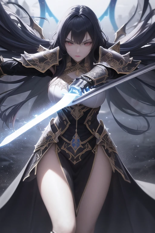 Fantasy universe sorceress Italian girl, very long loose black hair, fantasy dress, silver dagger